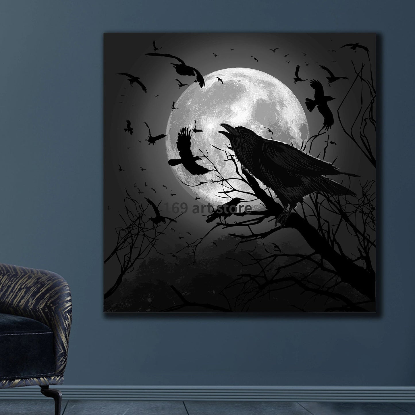 Retro Flying Crow Raven Barking At The Moon Nature Landscape Art Poster Canvas Painting Wall Art Print Picture Office Home Decor