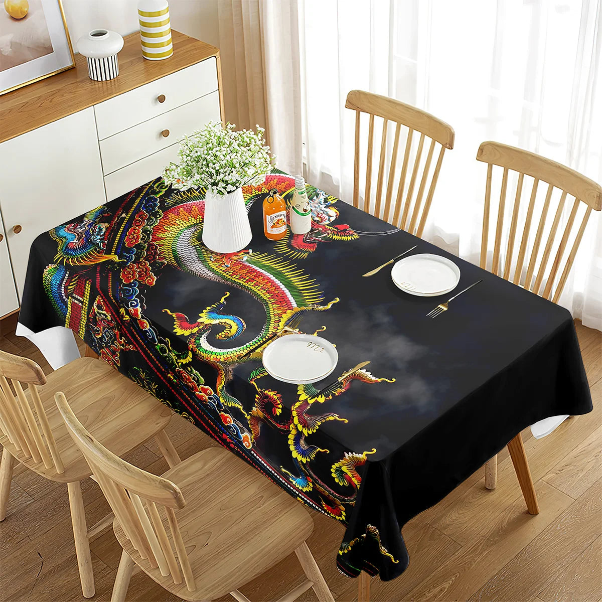 Dragons Table Cloth Chinese Medieval Myth Fantasy Flame Monster Water Resistance Microfiber Tablecloth, Decorative Table Cover