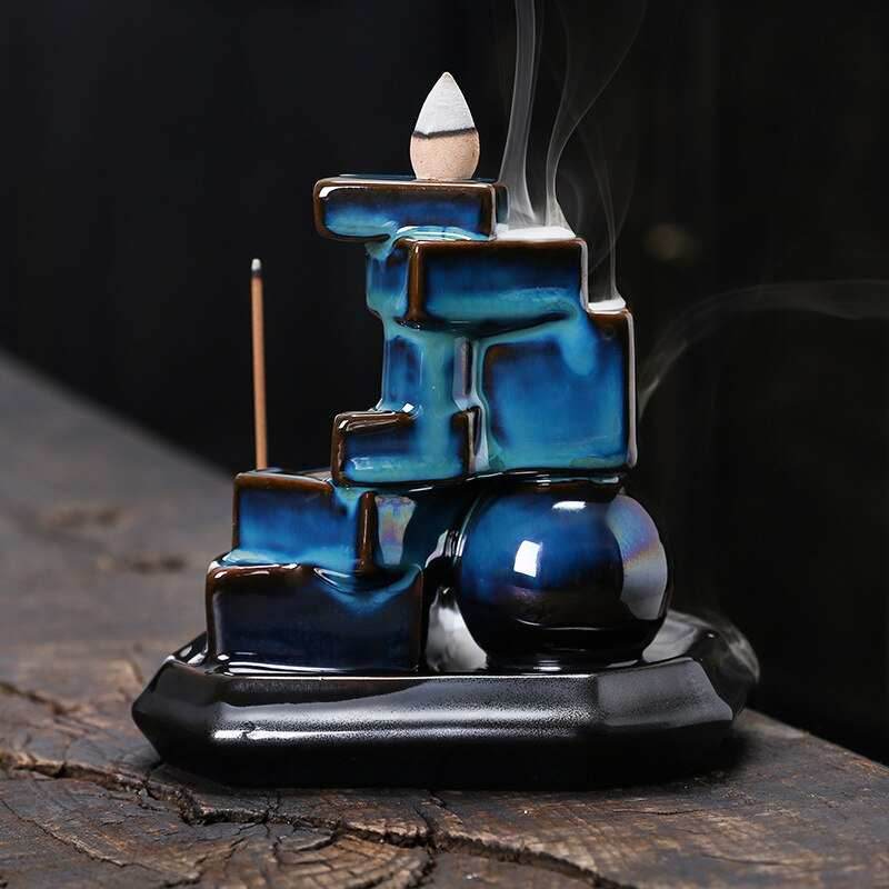 Blue Cubes Waterfall-Cascading Backflow Incense Burner - 
