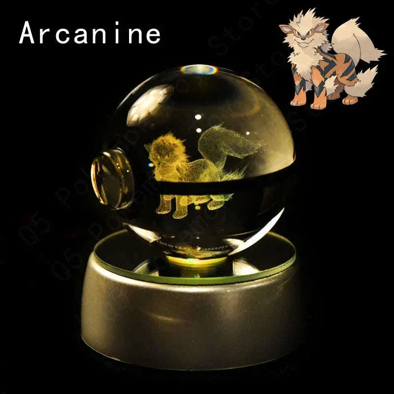 Pokemon 3D Crystal Ball Pokeballs with LED Light Base, Kids Anime Toy Gifts