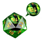 Green Sharp Edge Liquid Core Dragon Eye Resin DND Dice Set + Gold Font