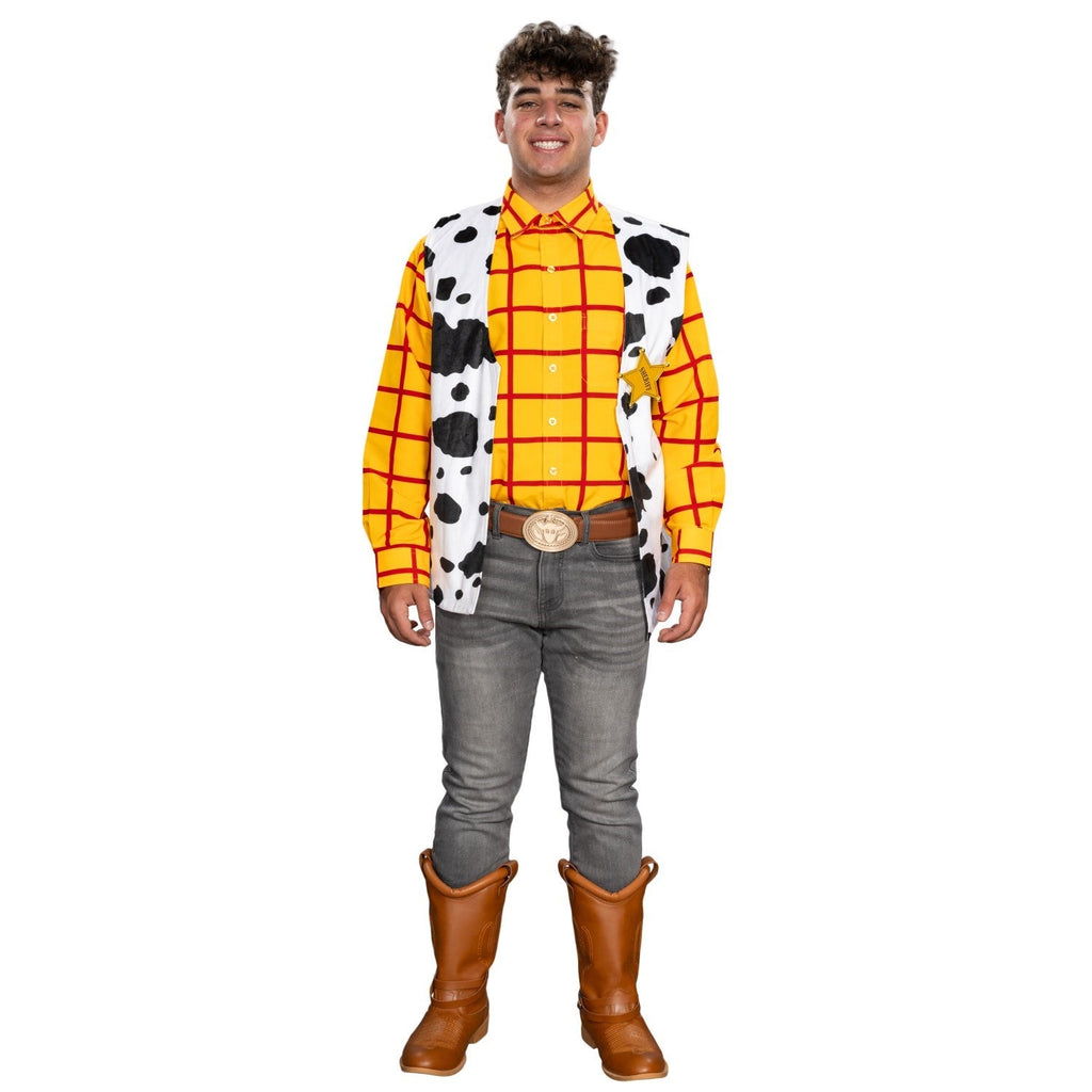 Sheriff Woody Cowboy Adult Halloween Cosplay Costume Set (Shirt, Vest, and Badge)