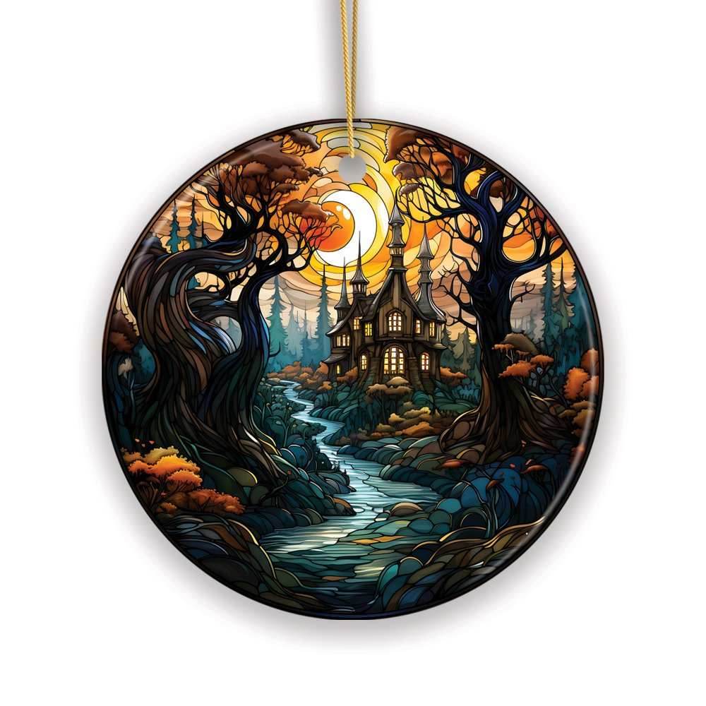 Sinister Manor Haunted House Stained Glass Style Ceramic Ornament, Halloween Themed Christmas Gift and Decor - Circle
