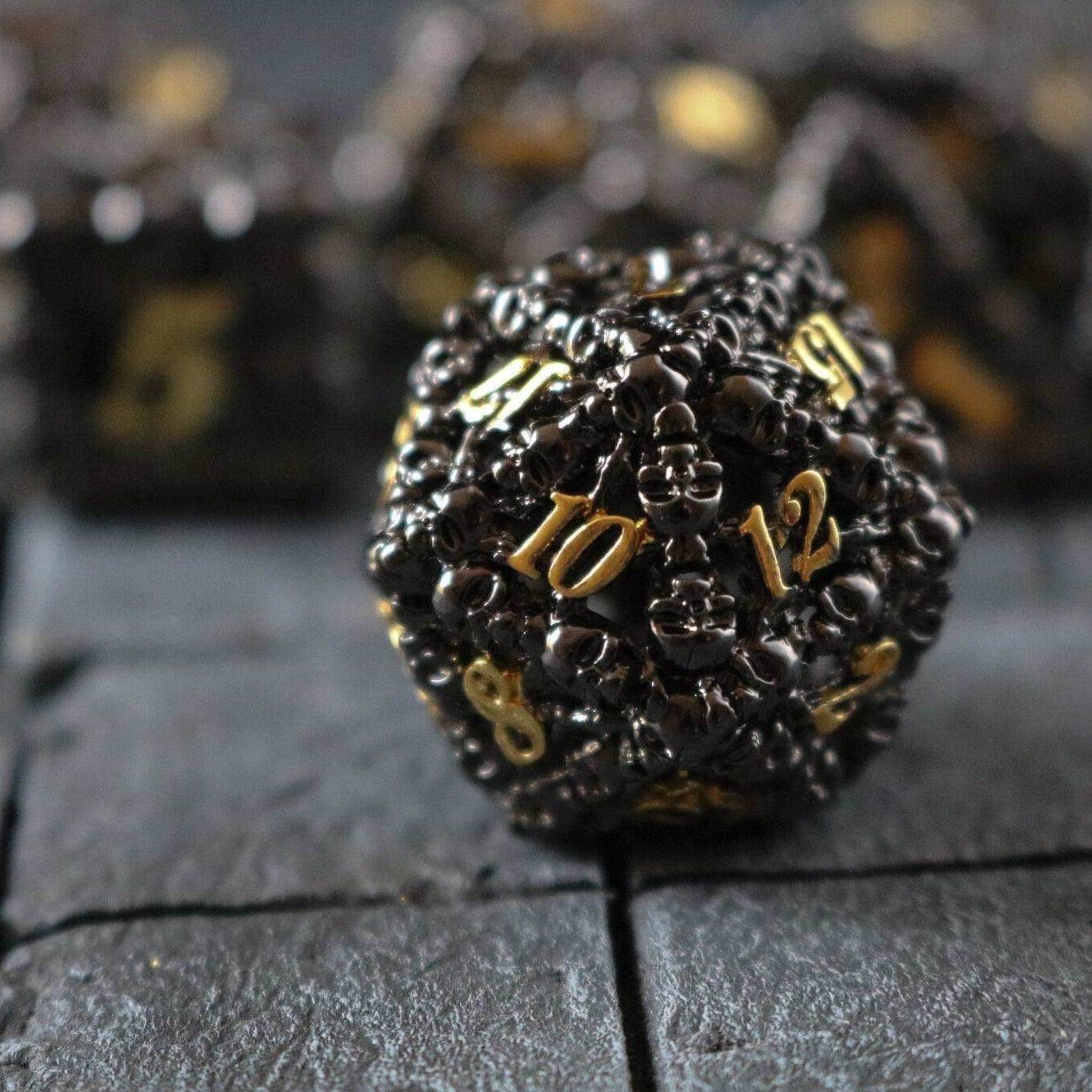 Skulls Hollow Black/Gold Metal DND Dice Set - Full Set And Free Dice Box