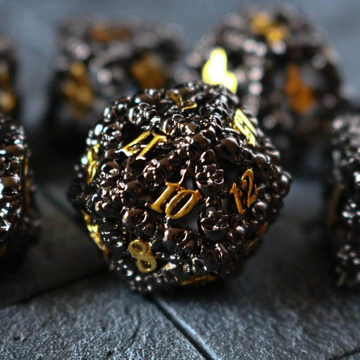 Skulls Hollow Black/Gold Metal DND Dice Set - Full Set And Free Dice Box