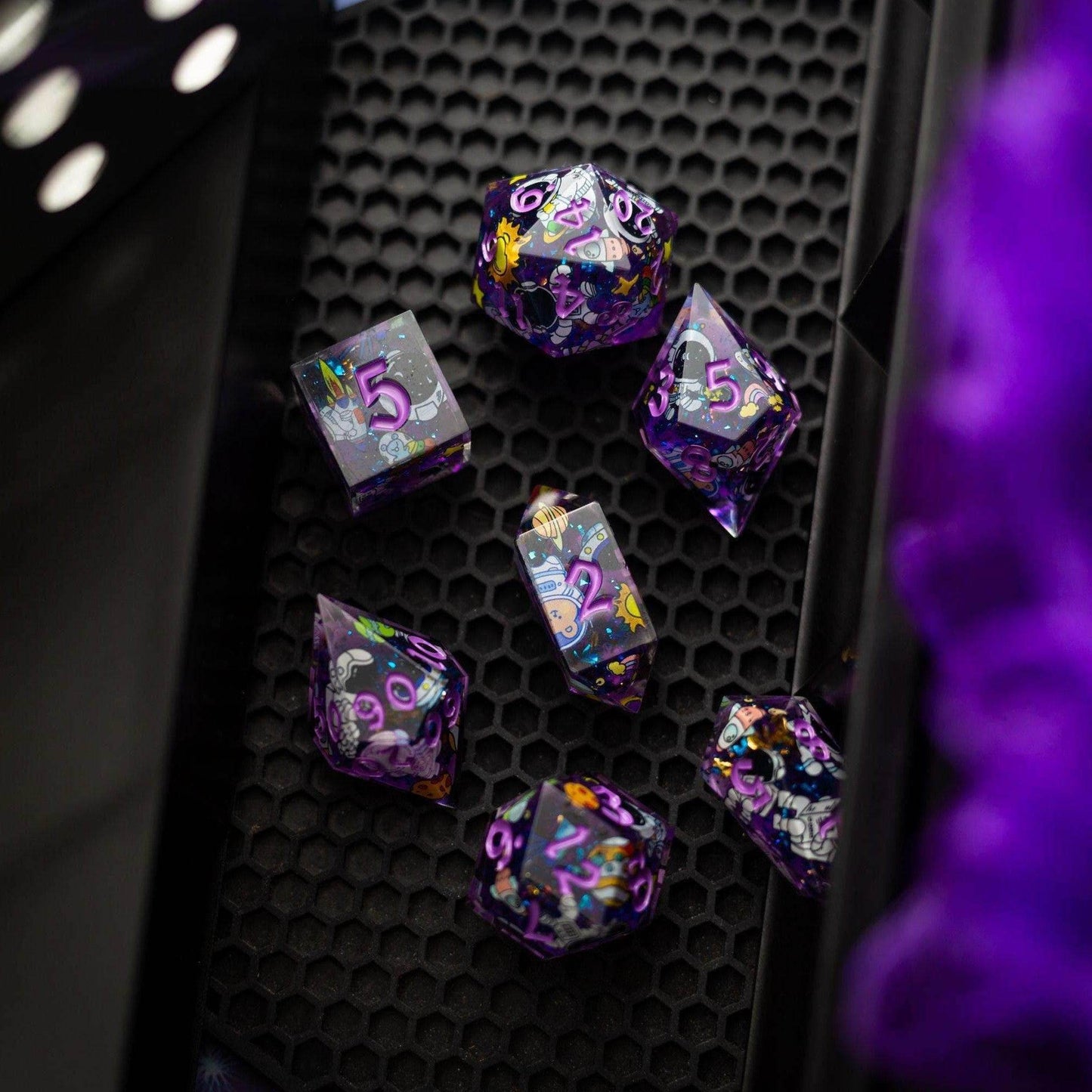 Space Bear Handmade Resin DND Dice Set - Full Set And Free Dice Box