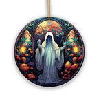 Spectral Shivers Hauntingly Scary Ghost Stained Glass Style Ceramic Ornament, Halloween Themed Christmas Gift - Circle