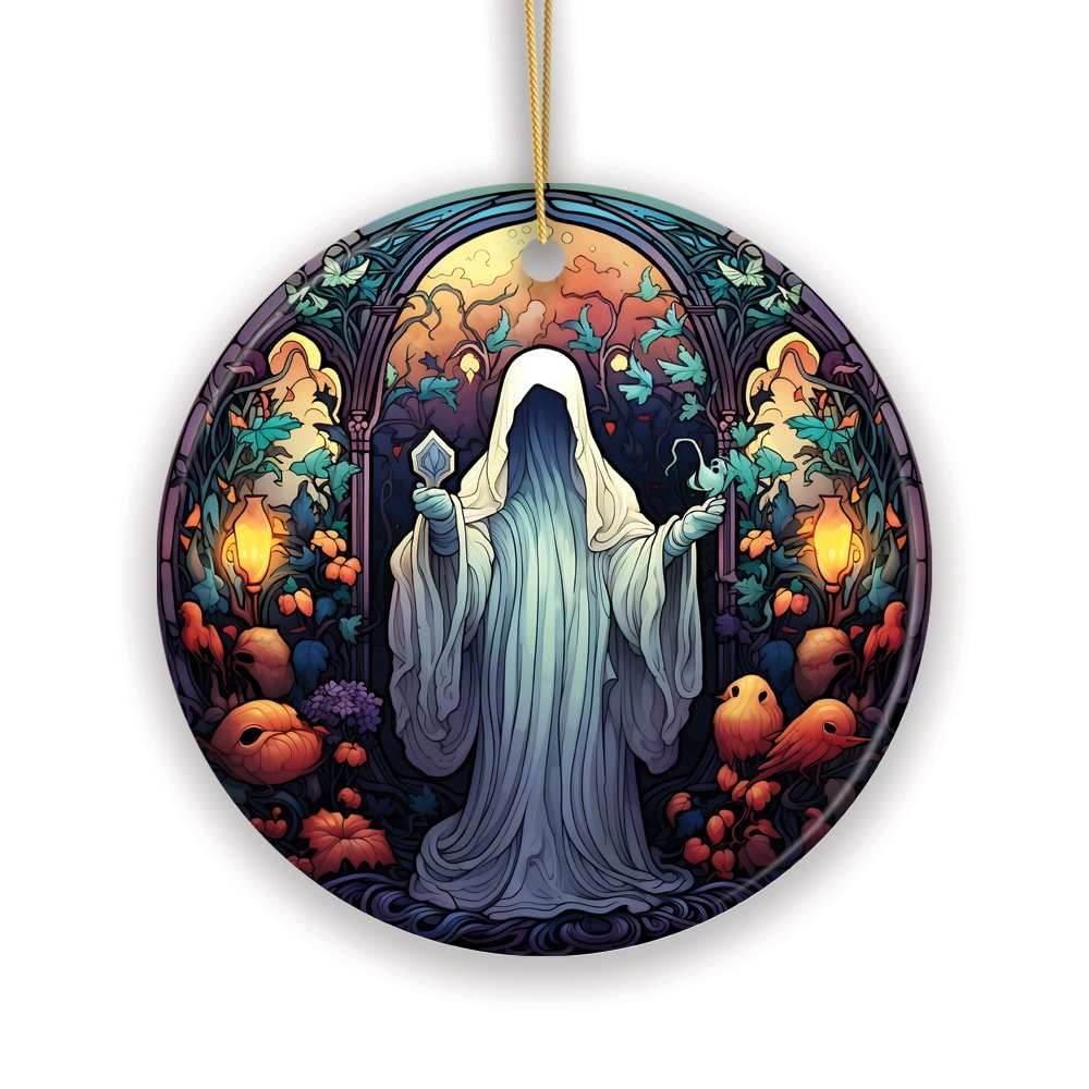Spectral Shivers Hauntingly Scary Ghost Stained Glass Style Ceramic Ornament, Halloween Themed Christmas Gift - Circle