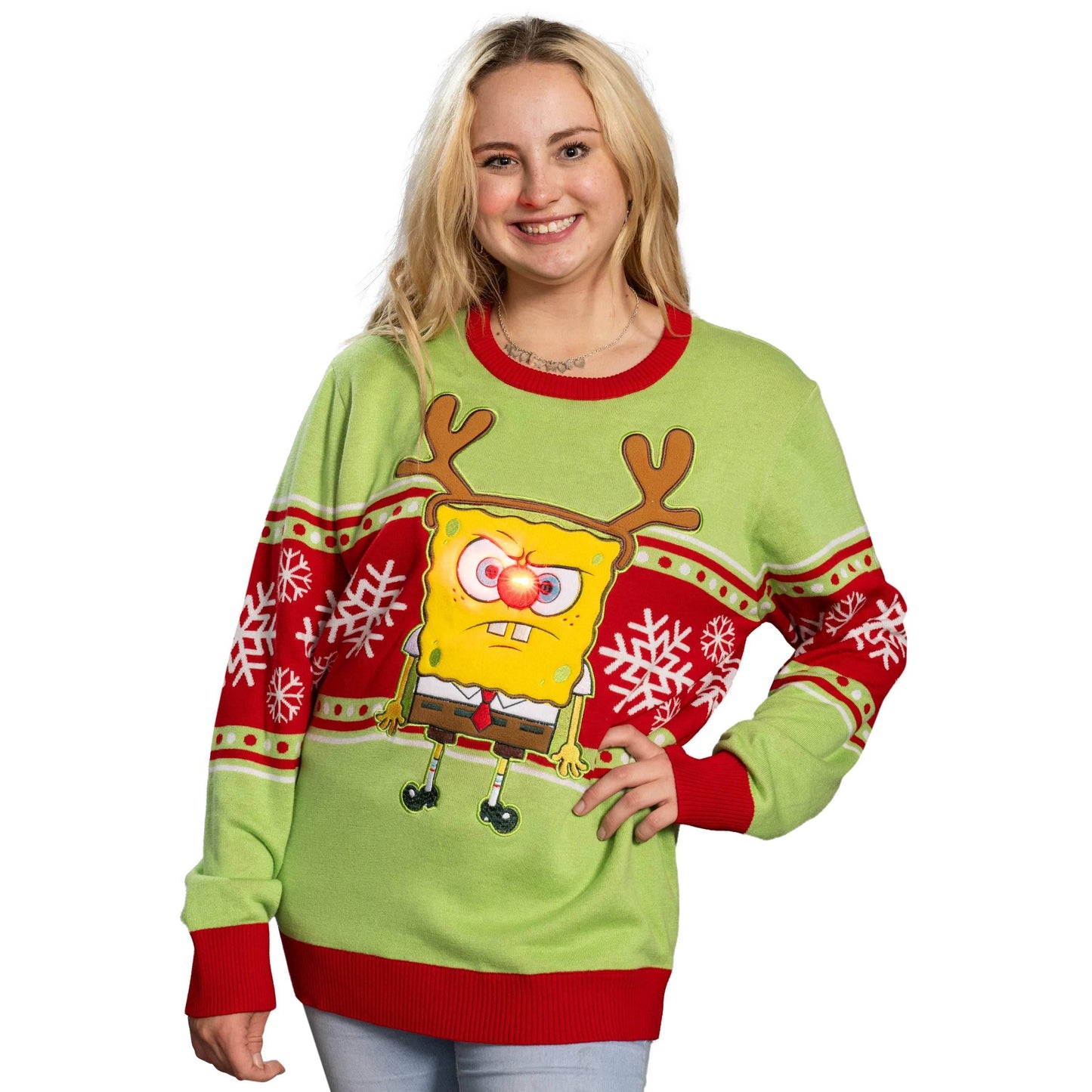Spongebob LED Reindeer Nose Ugly Christmas Sweater - XS
