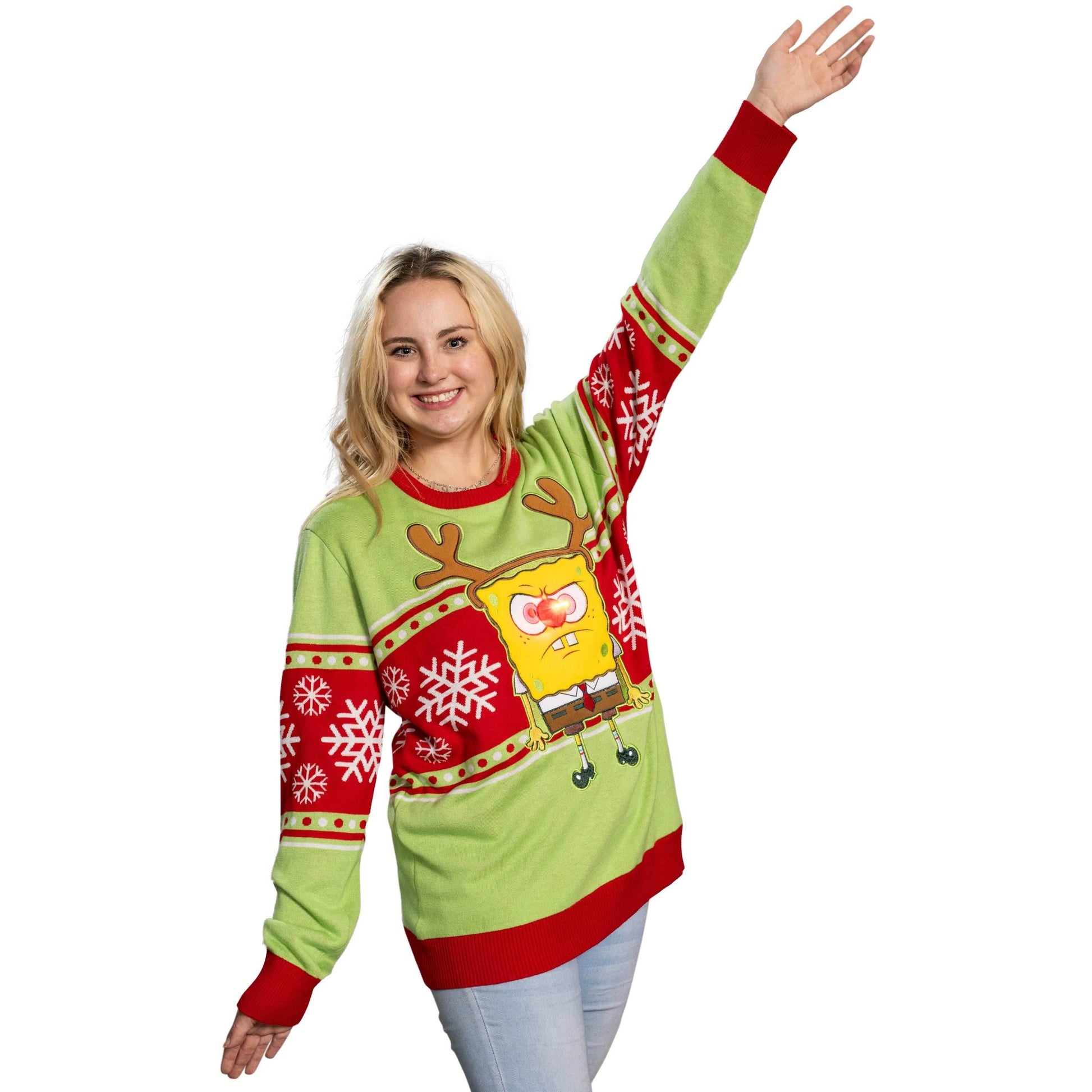 Spongebob LED Reindeer Nose Ugly Christmas Sweater - XS