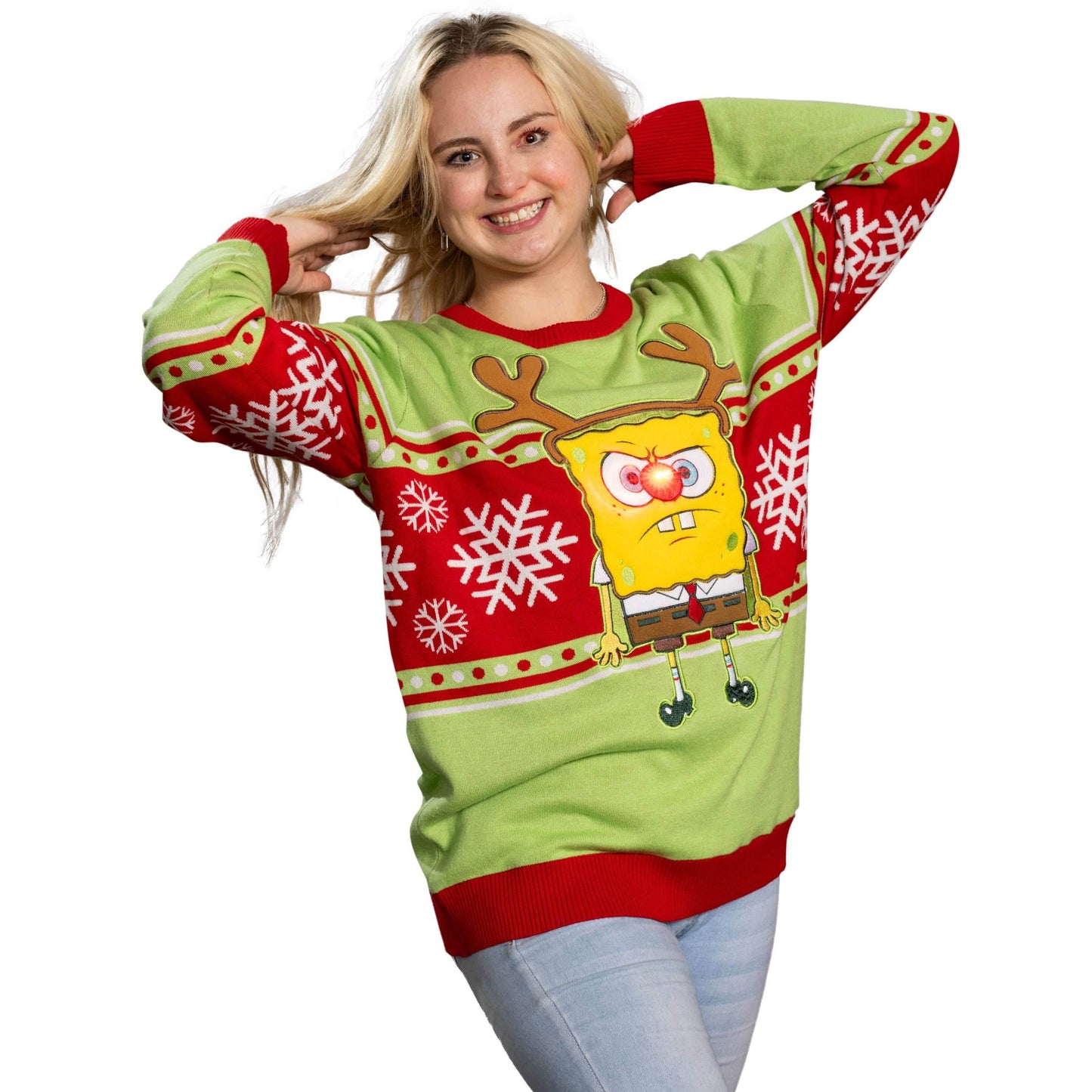 Spongebob LED Reindeer Nose Ugly Christmas Sweater - XS