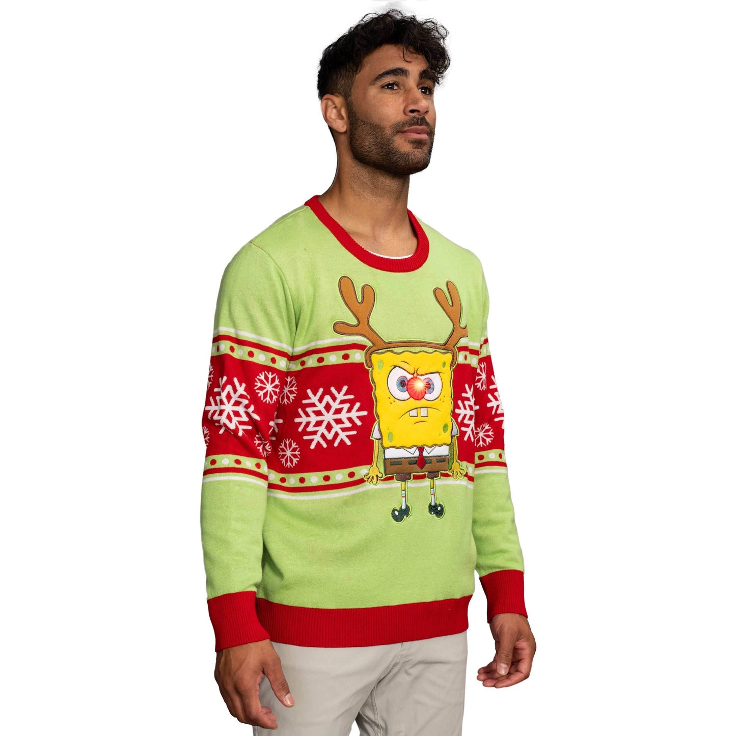 Spongebob LED Reindeer Nose Ugly Christmas Sweater - XS