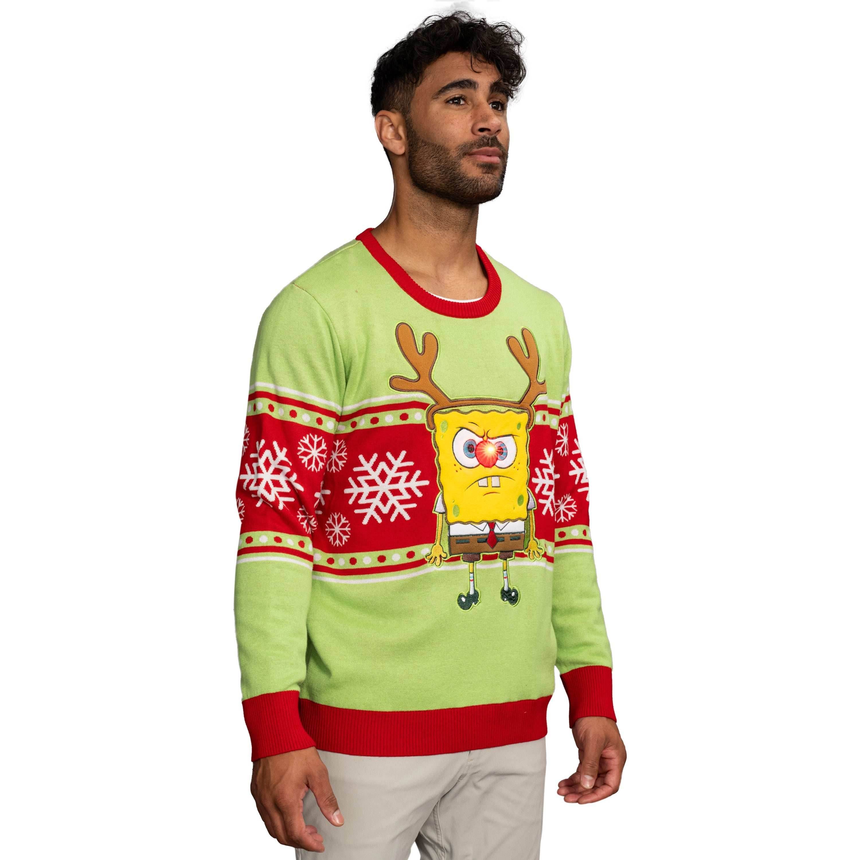 Spongebob LED Reindeer Nose Ugly Christmas Sweater - XS
