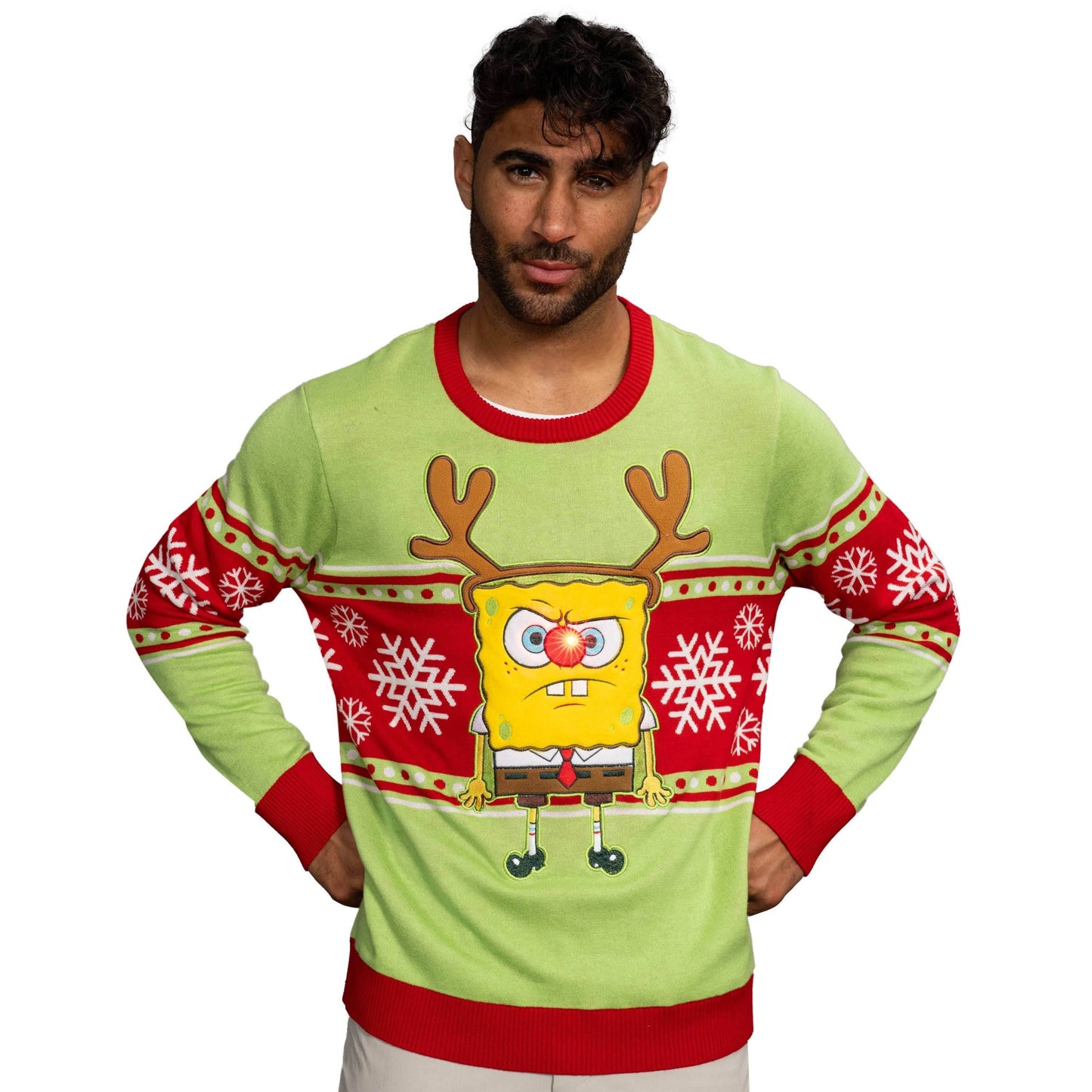 Spongebob LED Reindeer Nose Ugly Christmas Sweater - XS