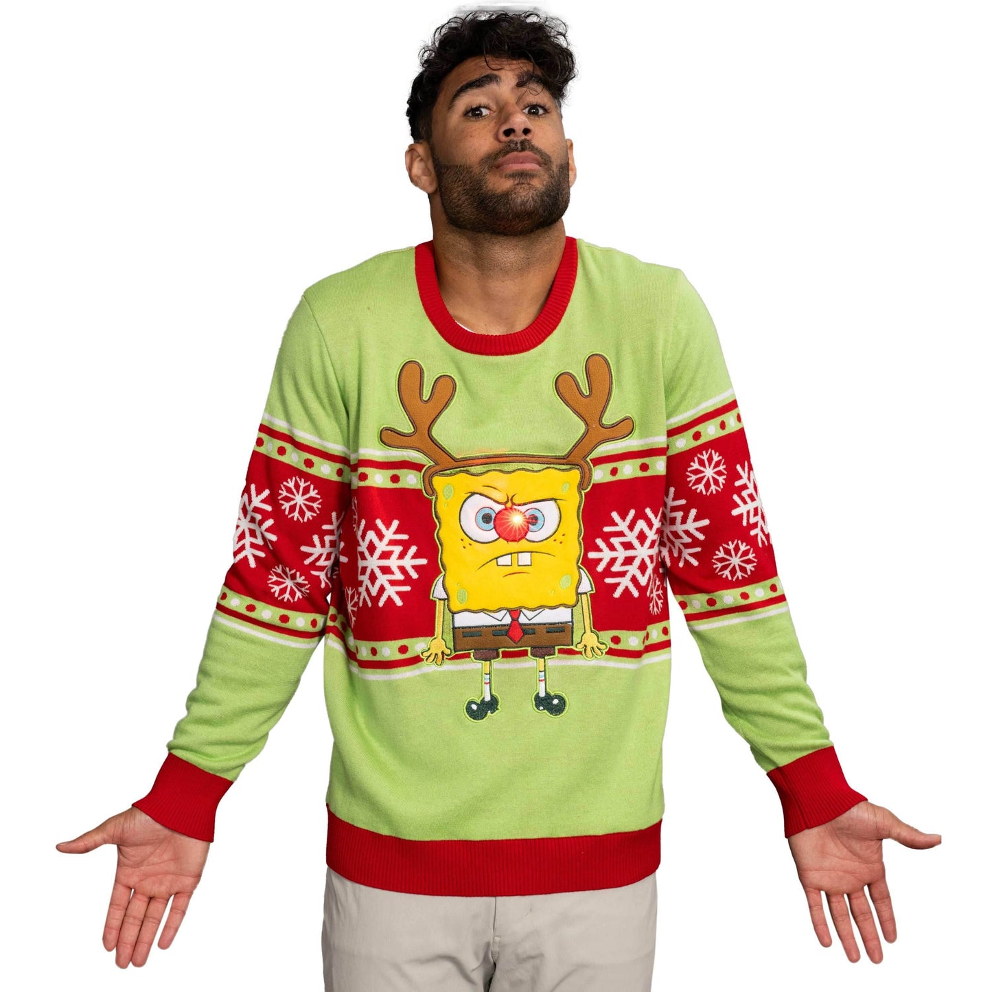 Spongebob LED Reindeer Nose Ugly Christmas Sweater - XS