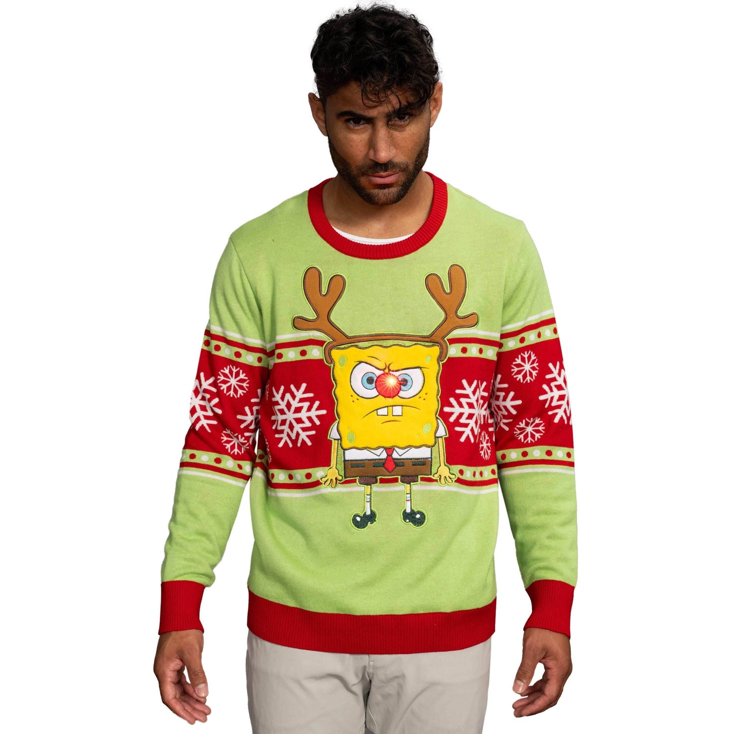 Spongebob LED Reindeer Nose Ugly Christmas Sweater - XS