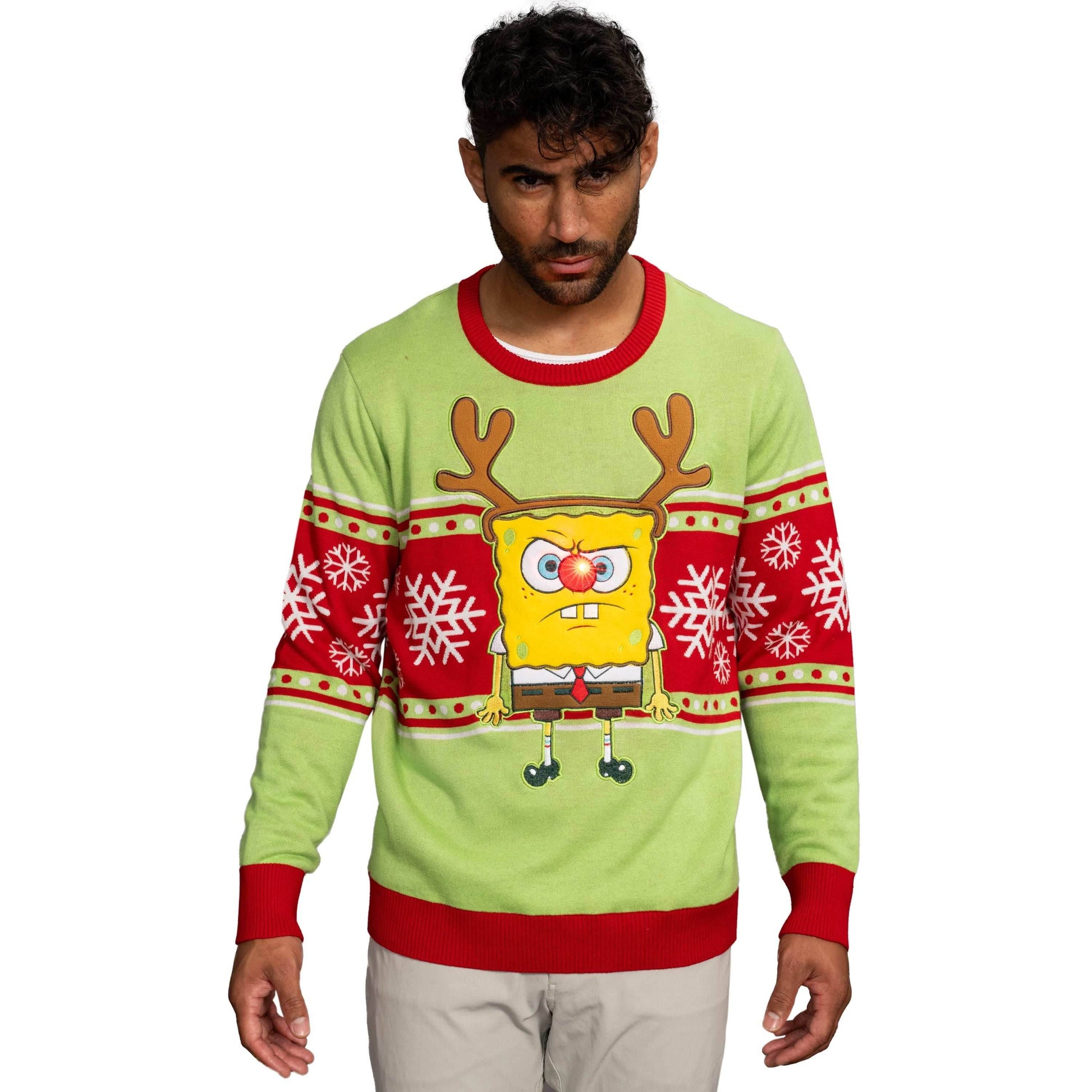 Spongebob LED Reindeer Nose Ugly Christmas Sweater - XS