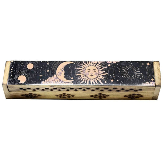 Sun and Moon Wooden Coffin Box Incense Burner - 