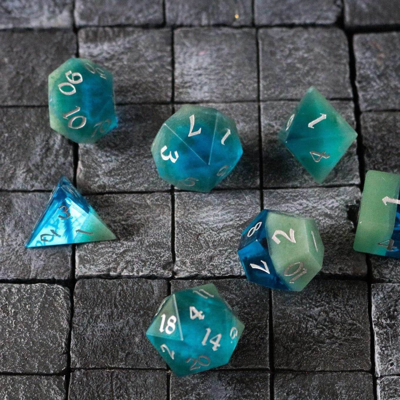 Synthetic Gemstone Two Tone Blue/Green Hand Carved DND Dice Set - Full Set And Free Dice Box