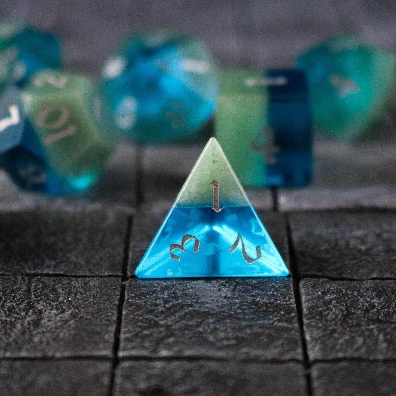 Synthetic Gemstone Two Tone Blue/Green Hand Carved DND Dice Set - Full Set And Free Dice Box