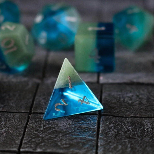 Synthetic Gemstone Two Tone Blue/Green Hand Carved DND Dice Set - Full Set And Free Dice Box