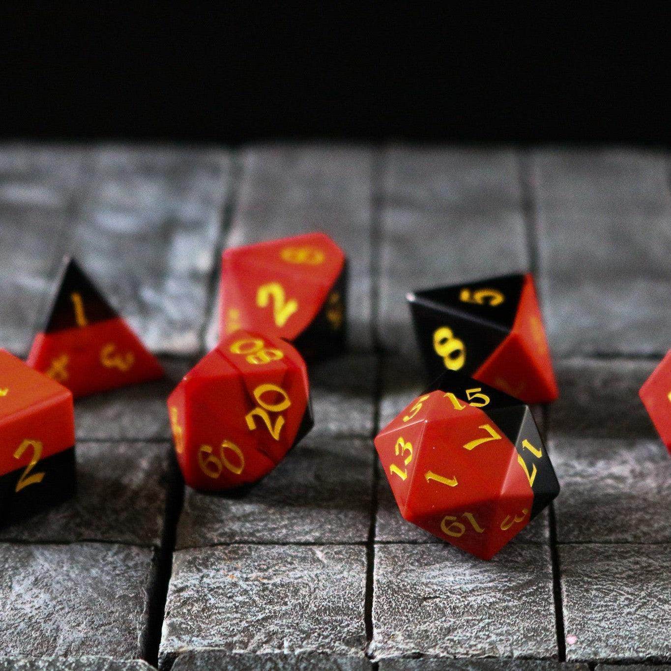 Synthetic Gemstone Two Tone Red/Black Hand Carved DND Dice Set - Full Set And Free Dice Box