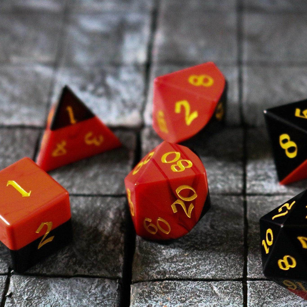 Synthetic Gemstone Two Tone Red/Black Hand Carved DND Dice Set - Full Set And Free Dice Box