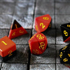 Synthetic Gemstone Two Tone Red/Black Hand Carved DND Dice Set - Full Set And Free Dice Box