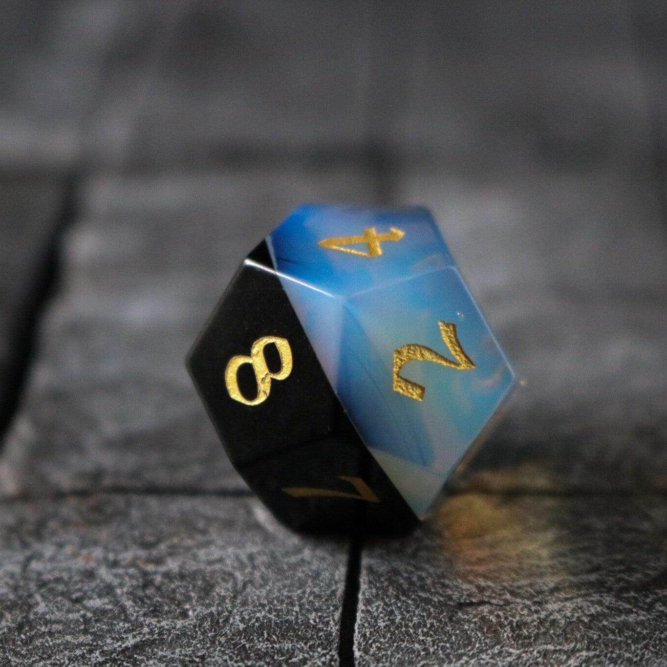Synthetic Gemstone Two Tone White/Black Hand Carved DND Dice Set - Full Set And Free Dice Box