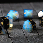 Synthetic Gemstone Two Tone White/Black Hand Carved DND Dice Set - Full Set And Free Dice Box