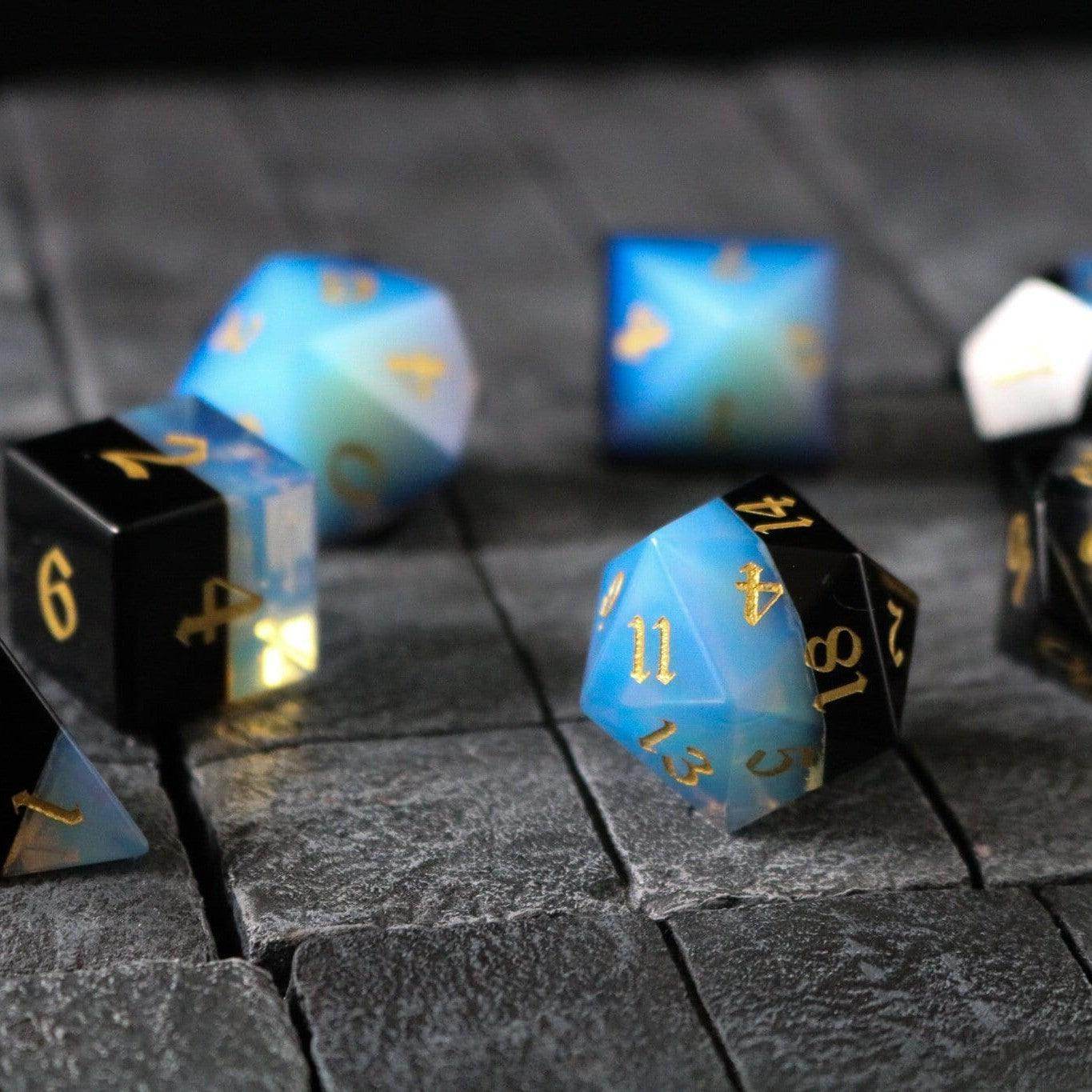 Synthetic Gemstone Two Tone White/Black Hand Carved DND Dice Set - Full Set And Free Dice Box