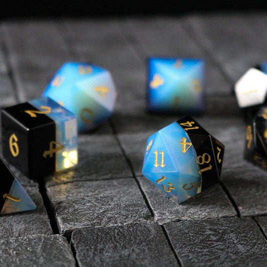 Synthetic Gemstone Two Tone White/Black Hand Carved DND Dice Set - Full Set And Free Dice Box