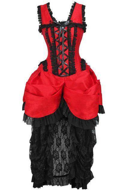 Top Drawer Steel Boned Red/Black Lace Victorian Bustle Corset Dress - Small