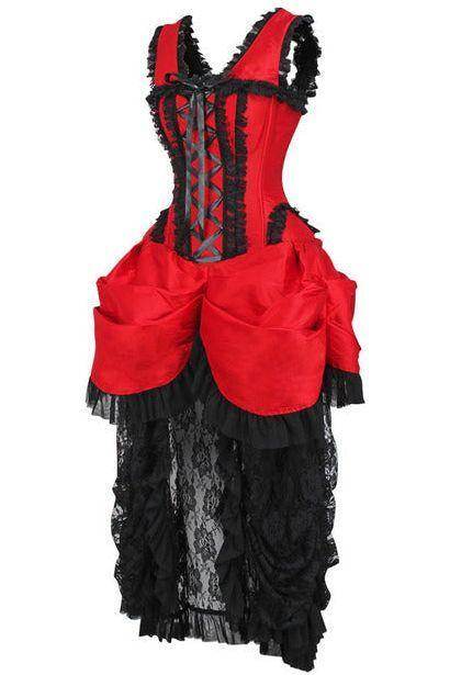Top Drawer Steel Boned Red/Black Lace Victorian Bustle Corset Dress - Small