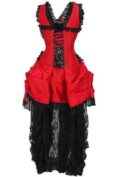Top Drawer Steel Boned Red/Black Lace Victorian Bustle Corset Dress - Small