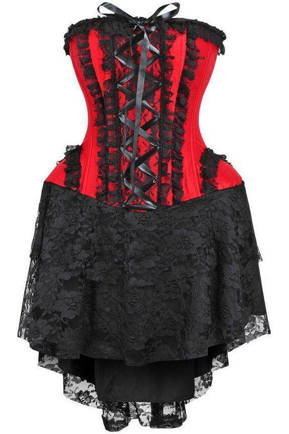 Top Drawer Steel Boned Strapless Red/Black Lace Victorian Corset Dress - Small