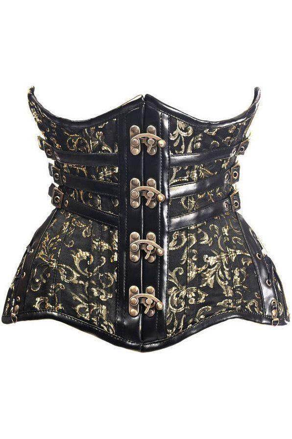 Top Drawer CURVY Steampunk Black/Gold Brocade Steel Double Boned Under Bust Corset - XSmall