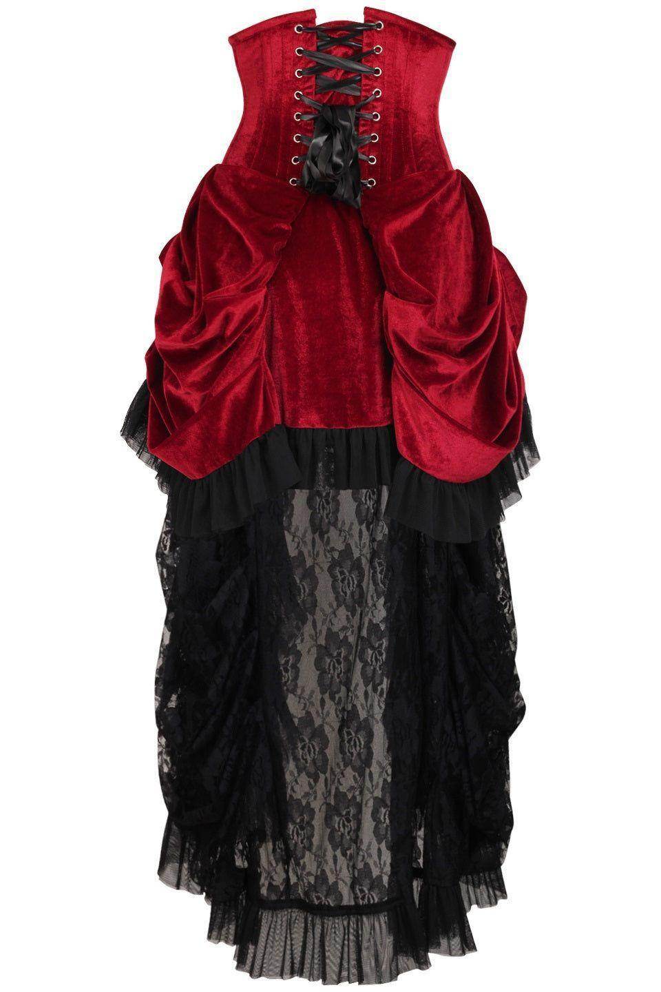 Top Drawer Steel Boned Dark Red Velvet Victorian Bustle Underbust Corset Dress - Small