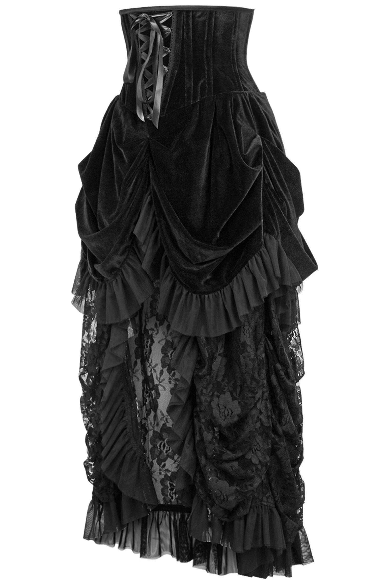 Top Drawer Steel Boned Black Velvet Victorian Bustle Underbust Corset Dress - Small