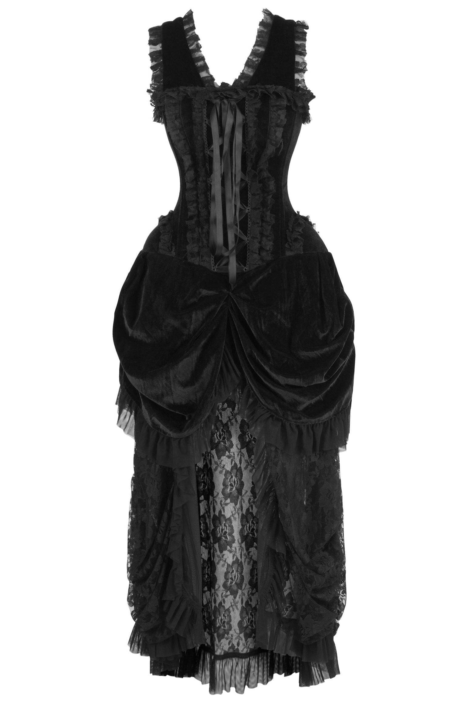 Top Drawer Steel Boned Black Velvet Victorian Bustle Corset Dress - XSmall