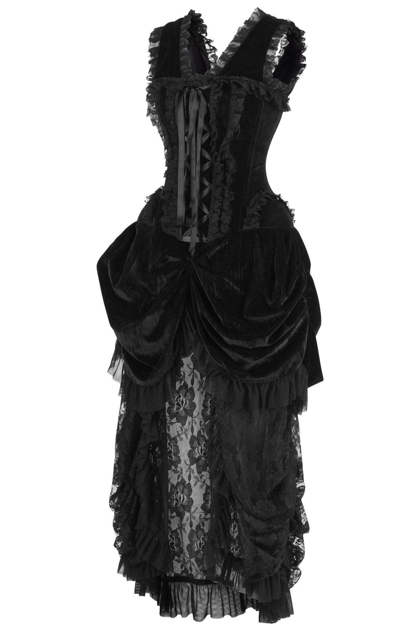 Top Drawer Steel Boned Black Velvet Victorian Bustle Corset Dress - XSmall