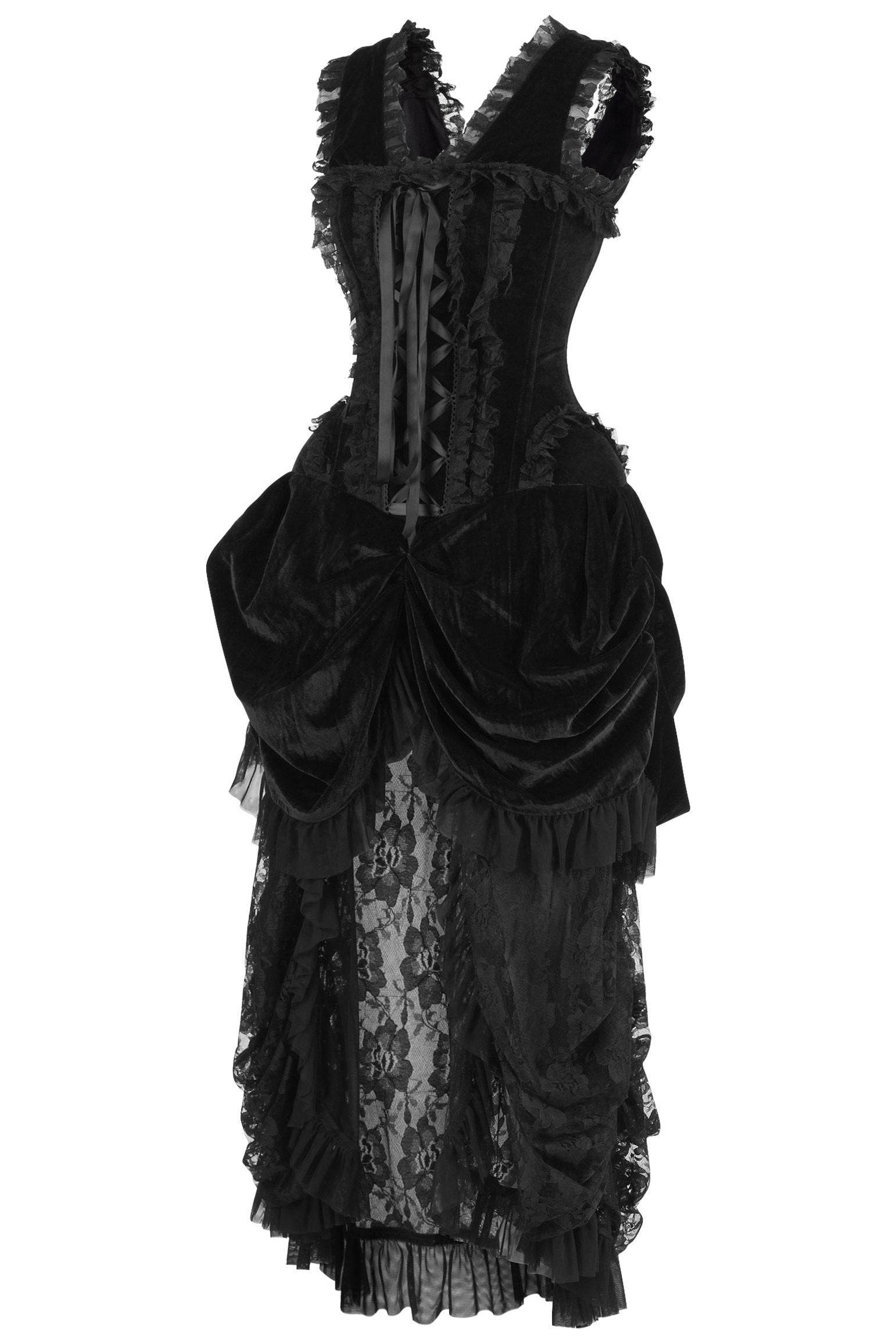 Top Drawer Steel Boned Black Velvet Victorian Bustle Corset Dress - XSmall