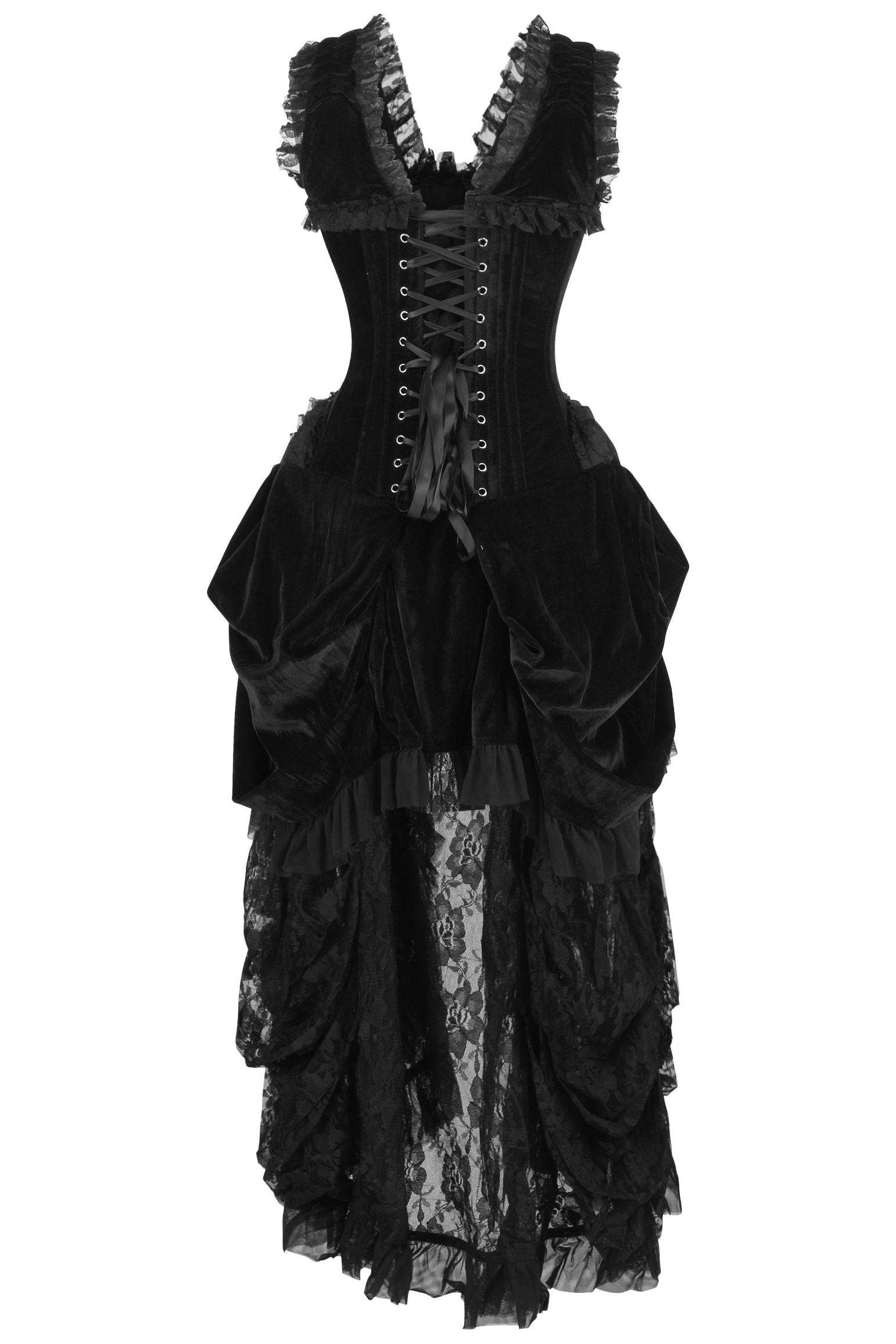Top Drawer Steel Boned Black Velvet Victorian Bustle Corset Dress - XSmall