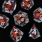 Purple transparent resin liquid core dragon eye DND dice set + Blue Font