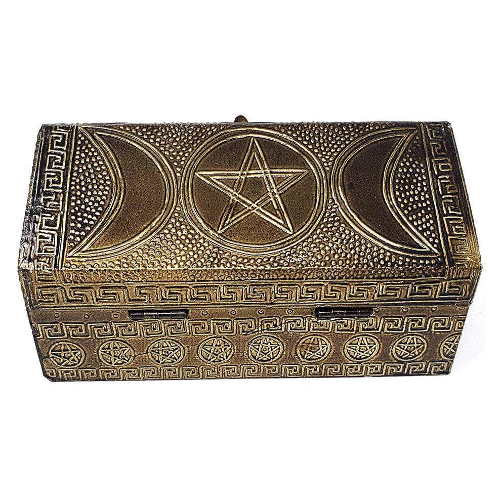 Triple Moon Pentagram Carved Metal over Wood Box - 