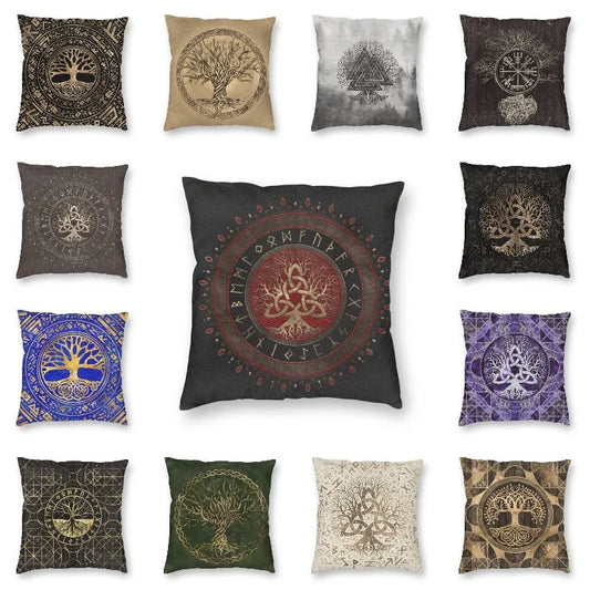 Tree Of Life With Triquetra Red Leather And Gold Cushion Cover For Sofa Polyester Viking Norse Yggdrasil Pillow Case Home Decor