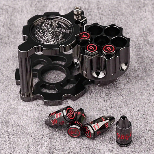 Unique dnd revolver dice set: 7 cool metal dnd bullet dice in the rotating revolver cylindrical magazine