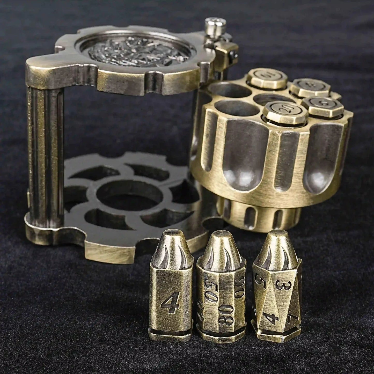 Unique dnd revolver dice set: 7 cool metal dnd bullet dice in the rotating revolver cylindrical magazine