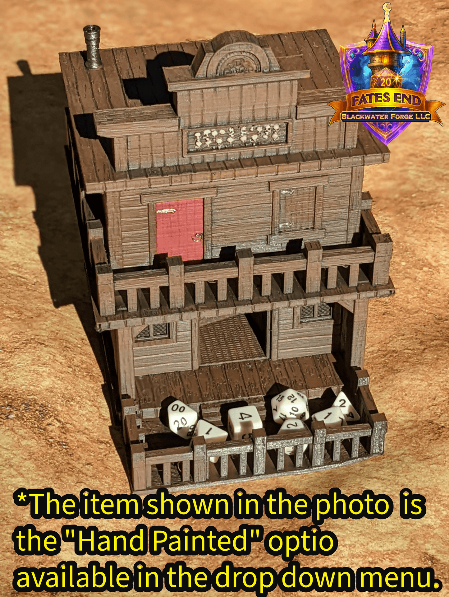 Ghost Town 3D Printed Dice Tower- Fate's End Collection- Have your sidearm ready to draw! - Black / Yes- Include Random Dice Set