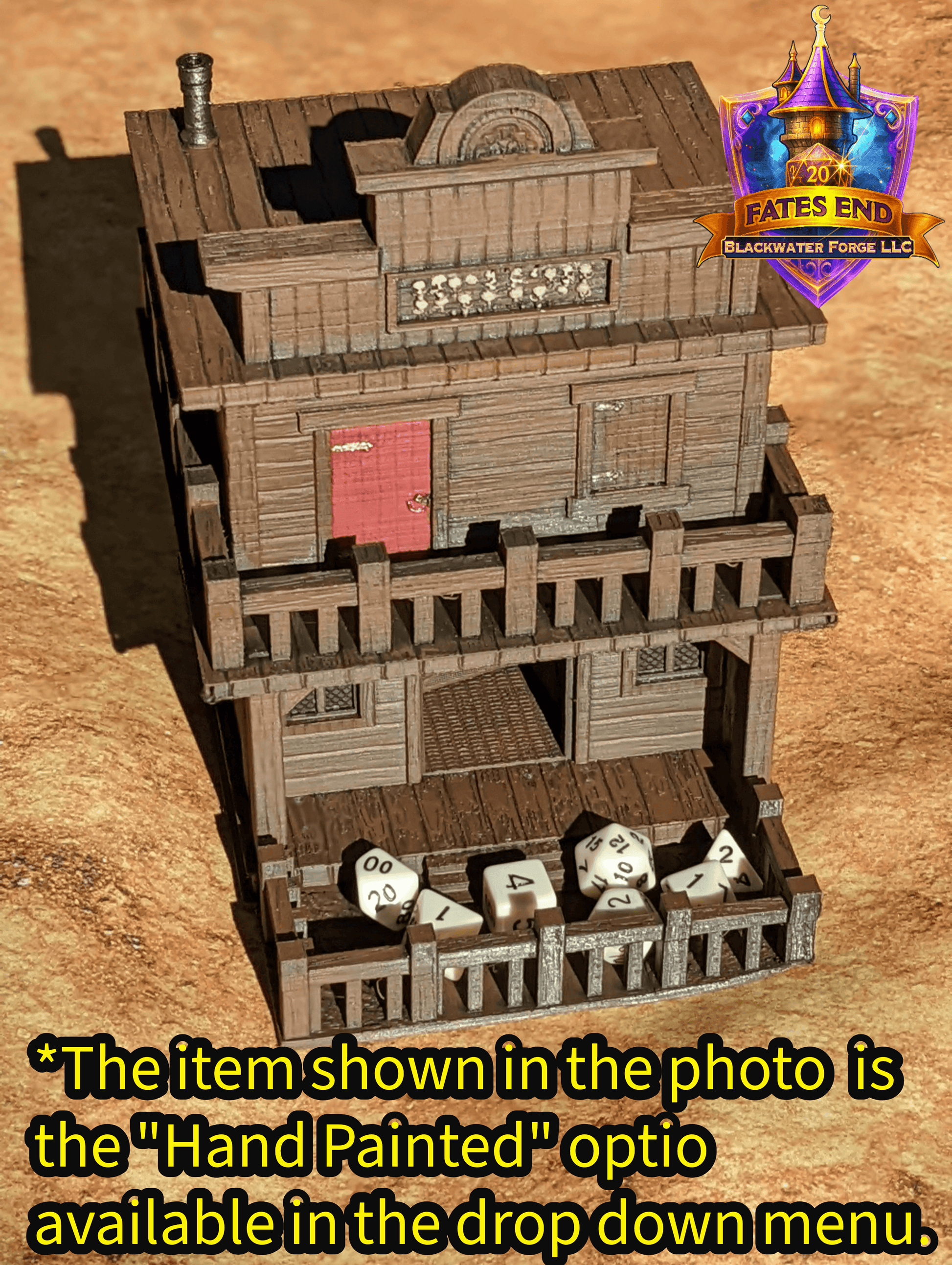 Ghost Town 3D Printed Dice Tower- Fate's End Collection- Have your sidearm ready to draw! - Black / Yes- Include Random Dice Set